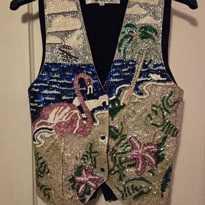 Sequin Beach Scene Vest with Flamingo